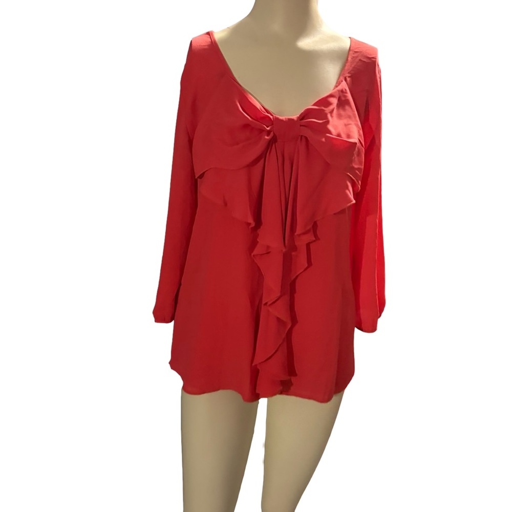 Investments Red Ruffle Bow Front Blouse - Picture 3 of 14